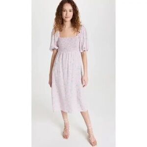Sokie Collective The Side Shoulder Pouf Lilac Floral Ruched Midi Dress